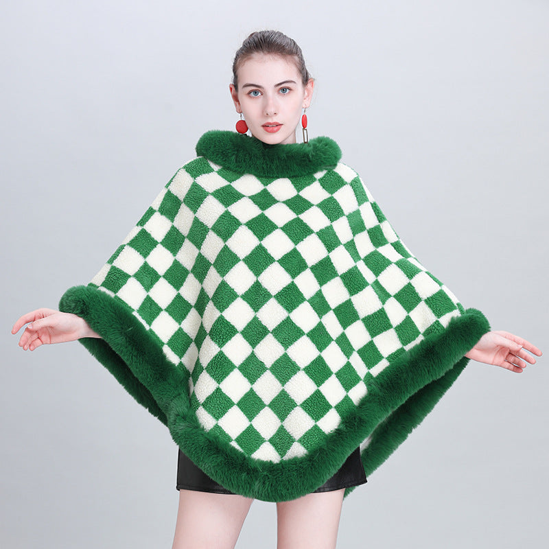 European and Korean autumn and winter new cape shawl thickened plaid fur collar crew neck pullover shawl cape jacket 0986 #