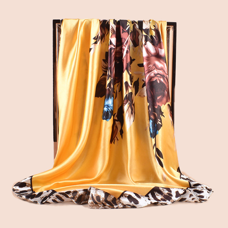 Spring new large shawl simulation silk leopard print rose printing silk scarf head scarf 90-color large square scarf