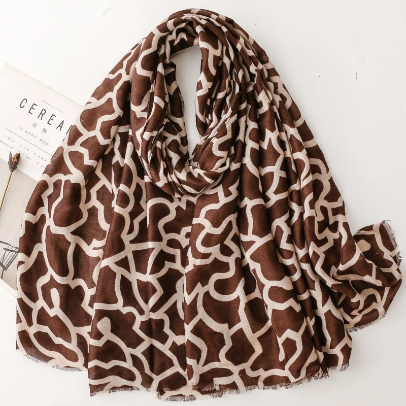 cotton and linen feel scarf soft silk scarf peach geometric line printing shawl