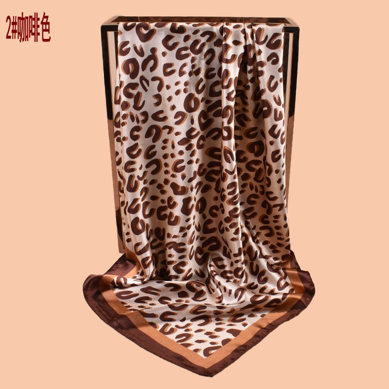 2025 new 90-satin U-word leopard print versatile printed square scarf with sunscreen, bag head silk scarf decoration, scarf