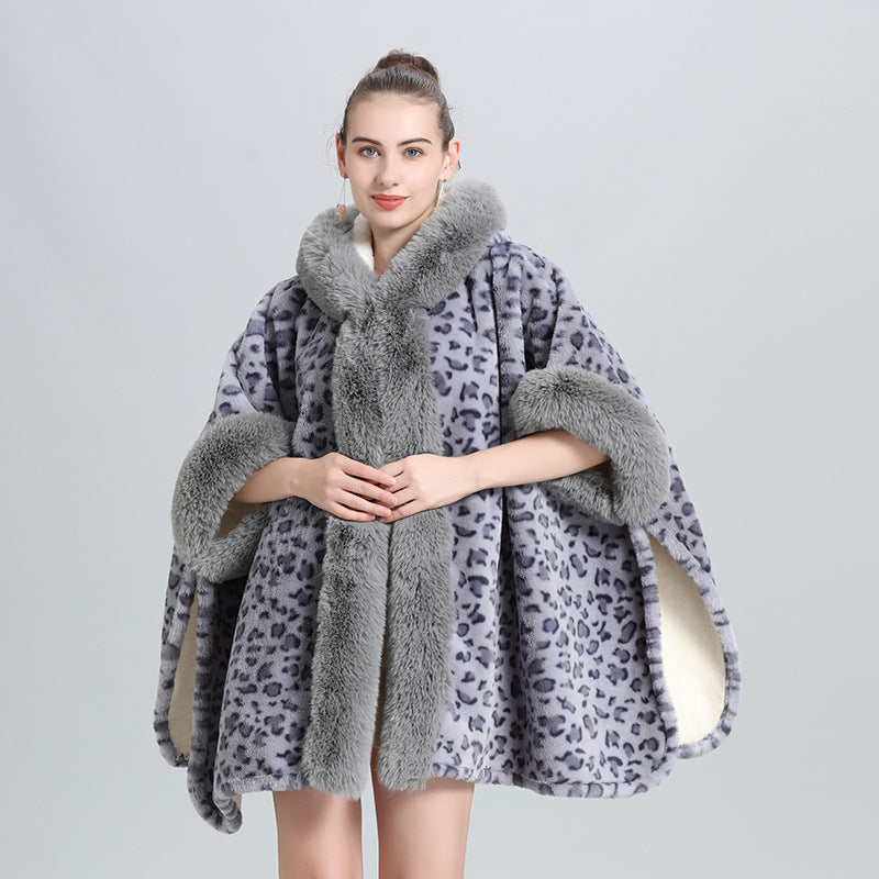 Cloak shawl piled thickened fur collar fringed knitted shawl large size woolen coat 0961 #