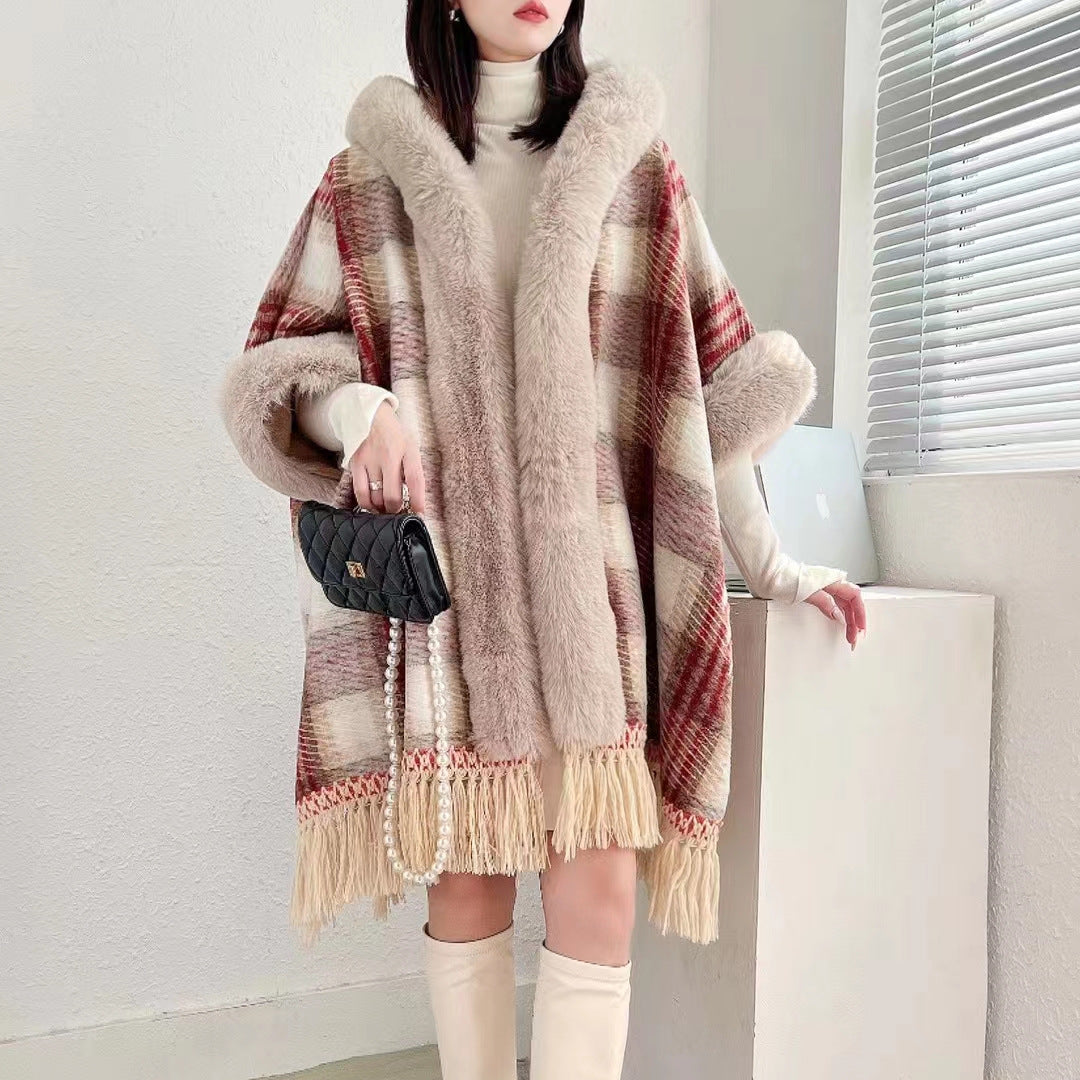 New cape shawl hooded fleece thickened temperament fringed medium and long loose large size cape jacket 1186 #