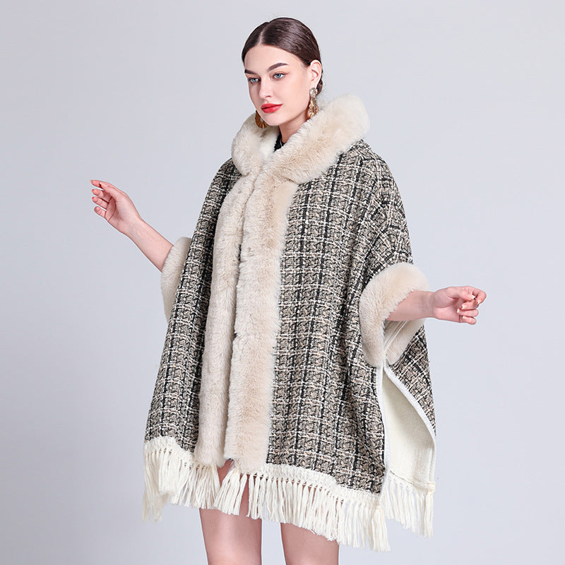 Europe, America, autumn and winter new woolen coat women's fashion fur collar hooded fringed cape shawl with cape small fragrance