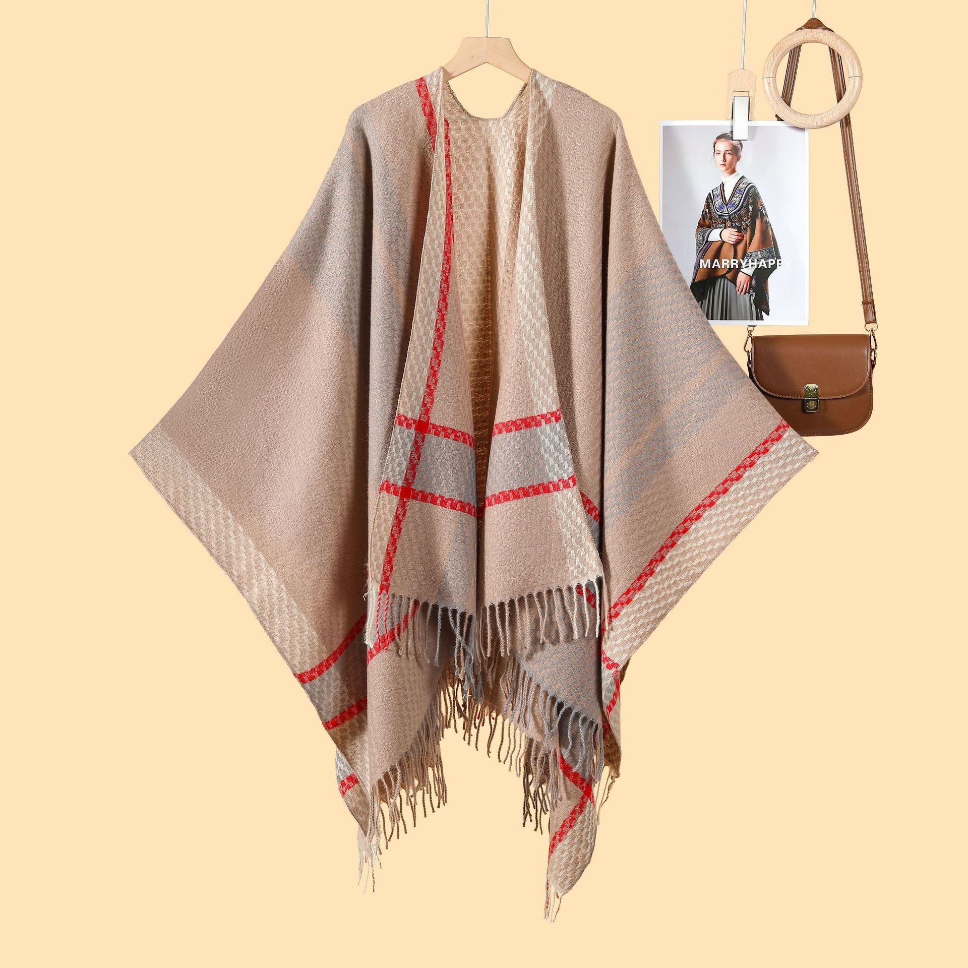 Women's Classic Silver Silk Plaid Cape Cape European and American Street Fashion Catwalk Outside Cape Spring and Autumn Warm Cape