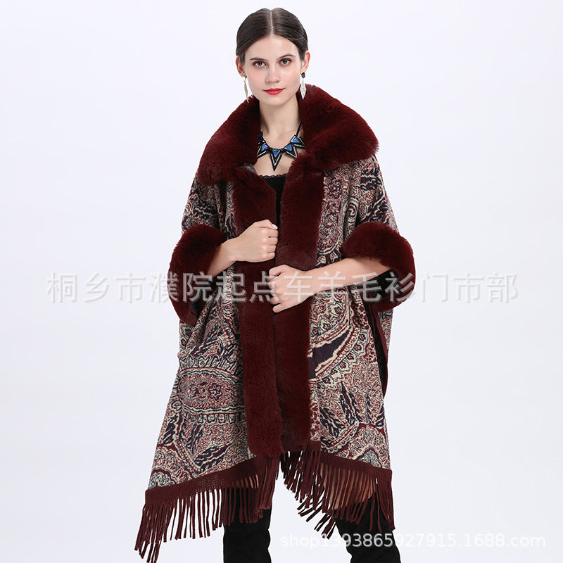 Europe, America, autumn and winter new jacquard fashion loose fur collar fringed cape shawl with large size woolen coat women