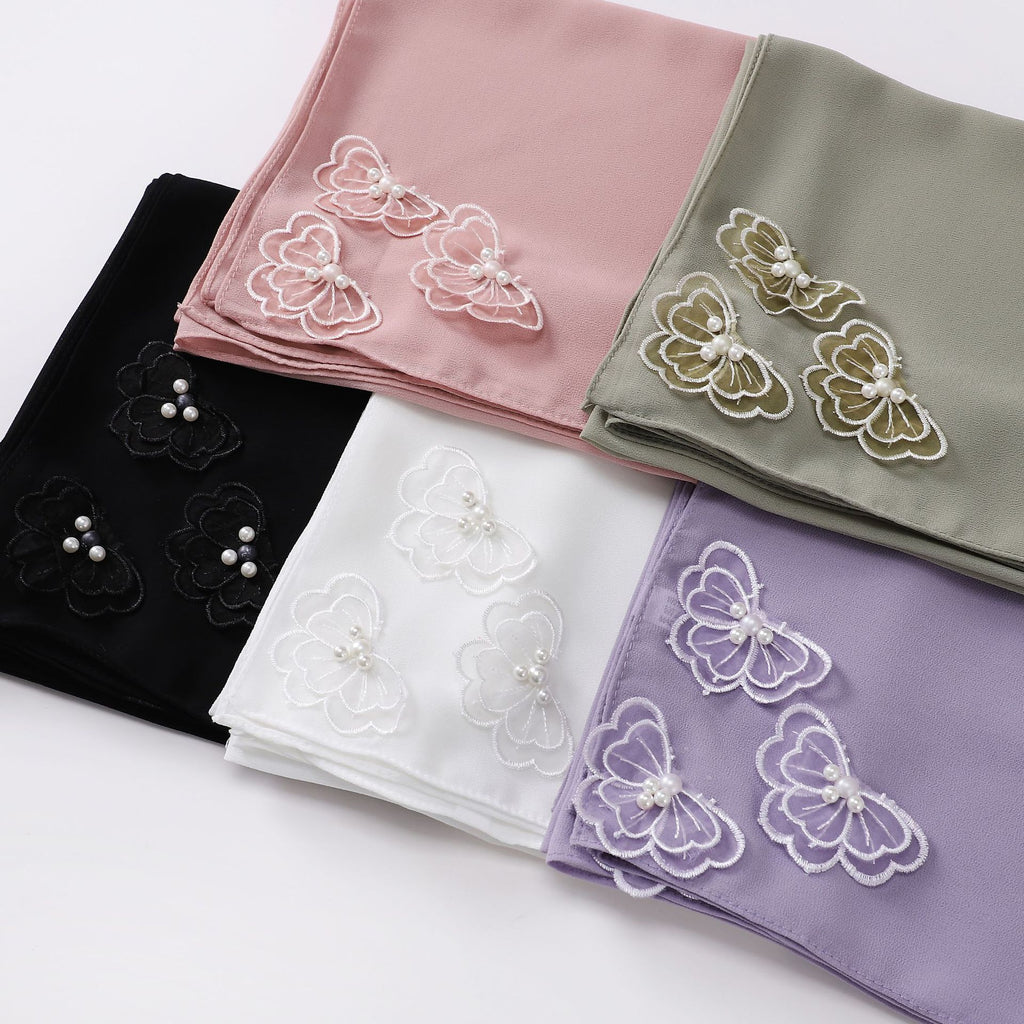 Four-corner butterfly bead pearl chiffon square scarf 90 * 90cm gauze sweet headscarf