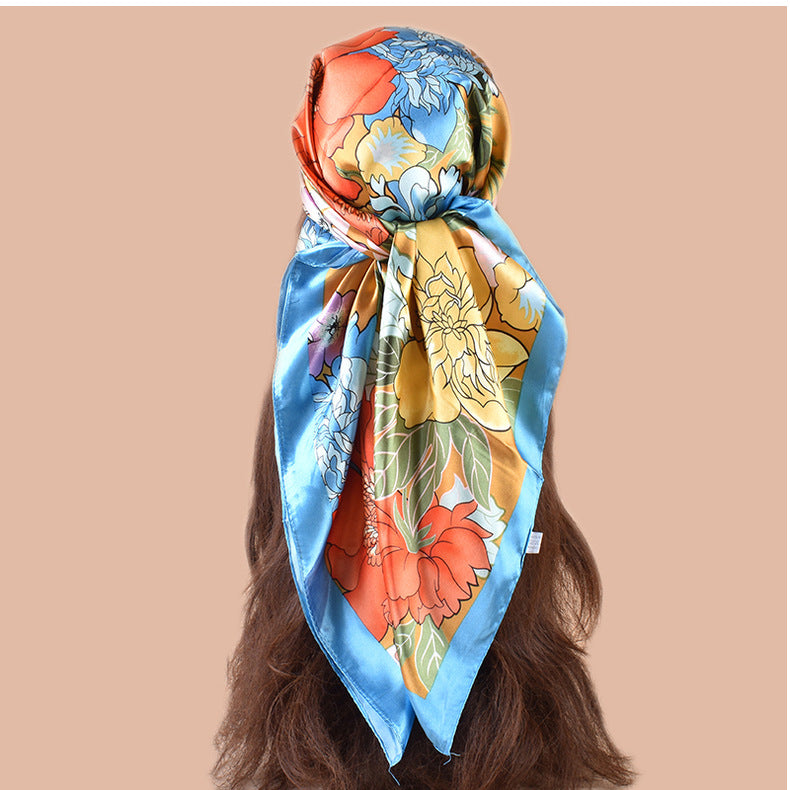 Spring new sweet flower simulation silk printing silk scarf head scarf 90 color diced light luxury square scarf