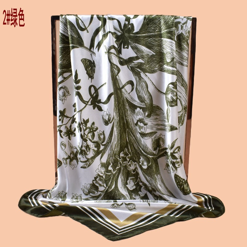 2025 new 90cm-satin butterfly lily printed square scarf with sunscreen bag head silk scarf decorative scarf
