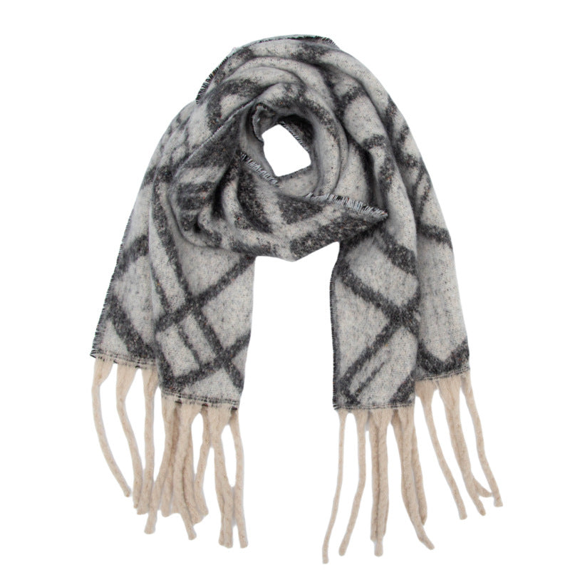 Europe, America, autumn and winter new loop yarn imitation mohair jacquard double grid scarf