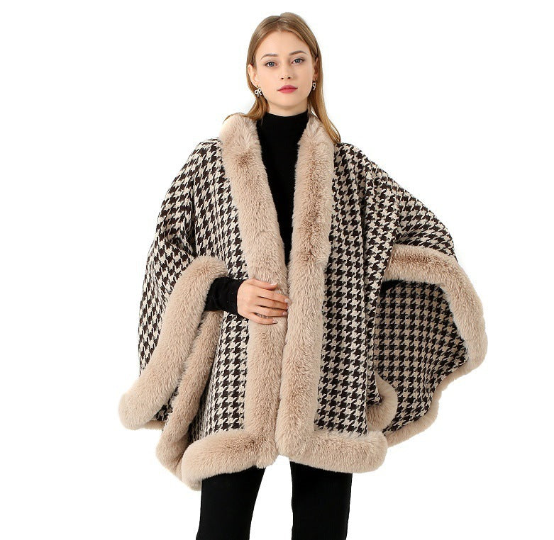 Autumn and winter new imitation Rex rabbit hair oversized fur collar thousand bird plaid woolen shawl scarf cape jacket women's cape 018 #
