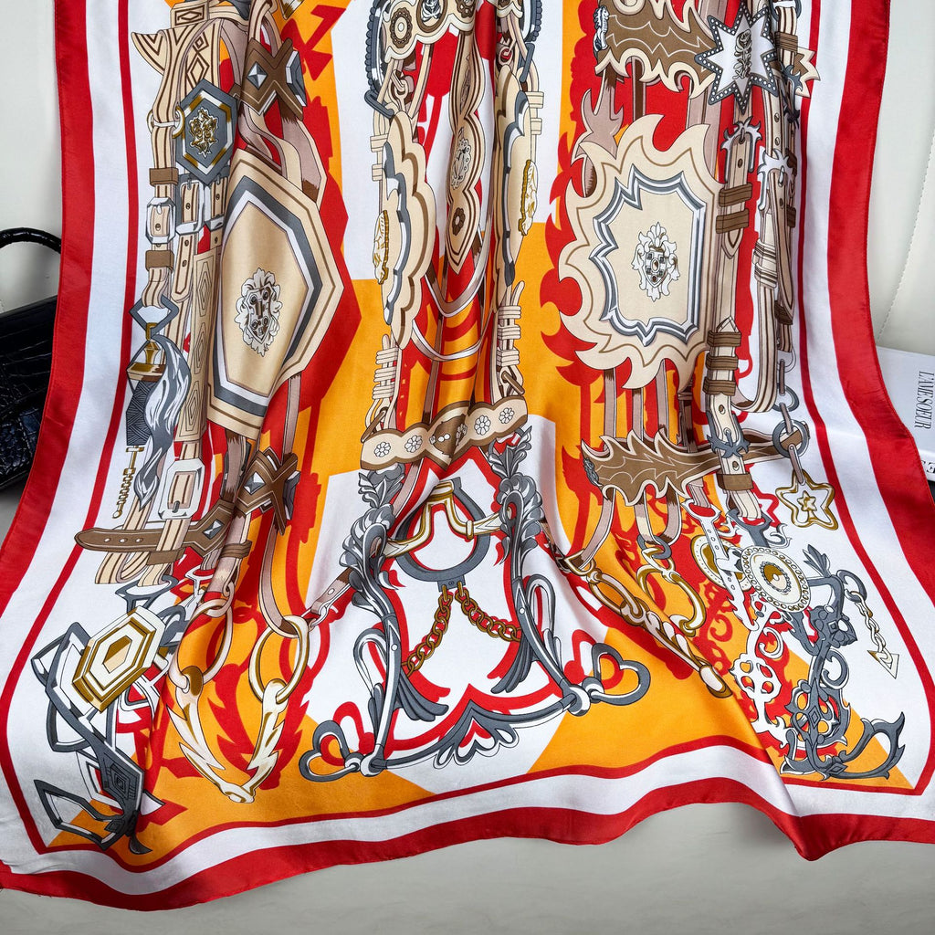 European and American fashion totem chain printed long silk scarf, elegant temperament women's vacation sunscreen thin shawl scarf