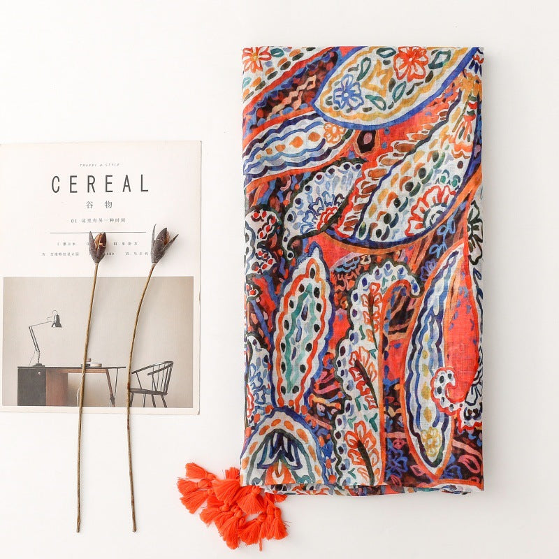 Bohemian Fashion Scarf Colored Paisley Cashew Floral Pattern Tassel Travel Accessories Silk Scarf Shawl Women