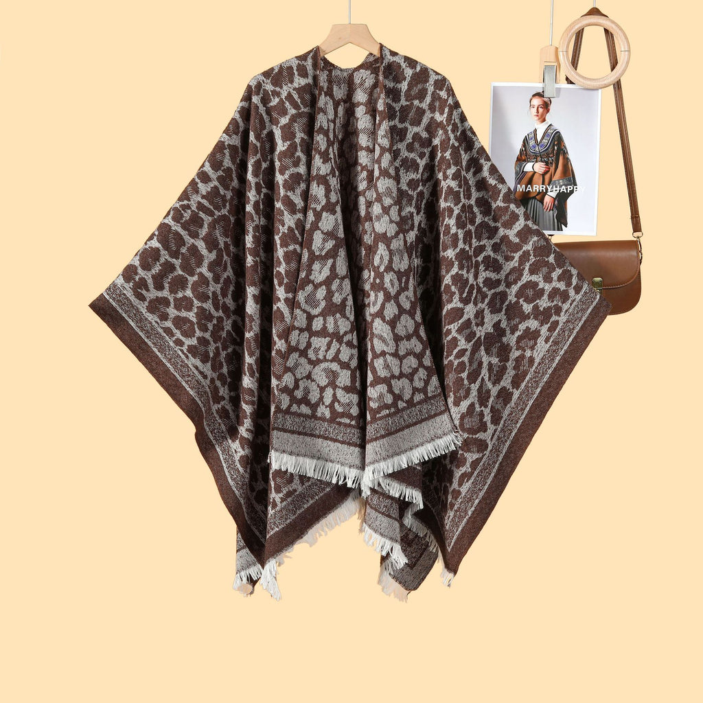 European and American classic leopard print shawl women's double-sided can wear out jacquard warm and cold cardigan