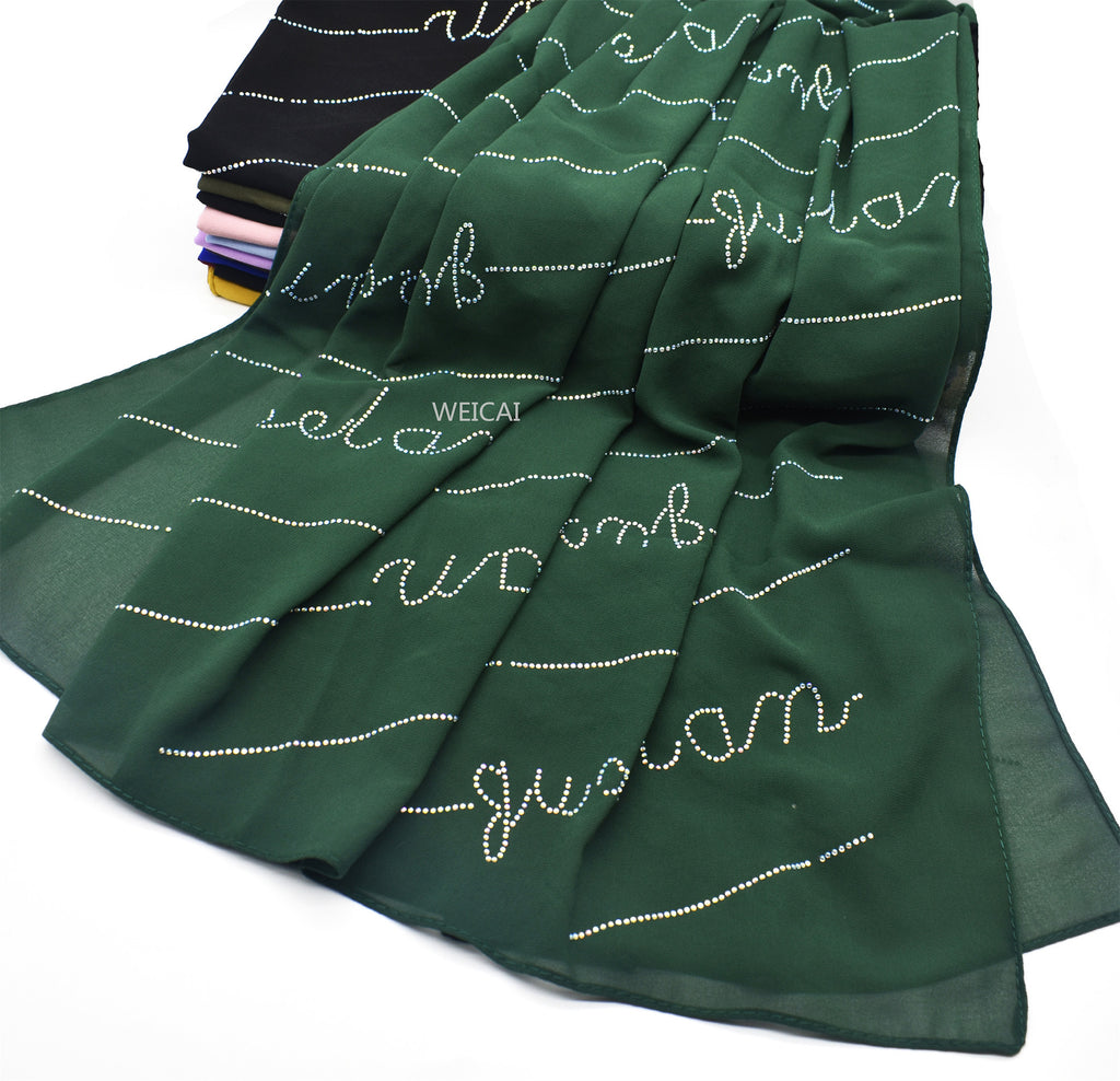 New Solid Color Pearl Chiffon Long Hot Diamond Alphabet Ethnic Scarf Women Shawl