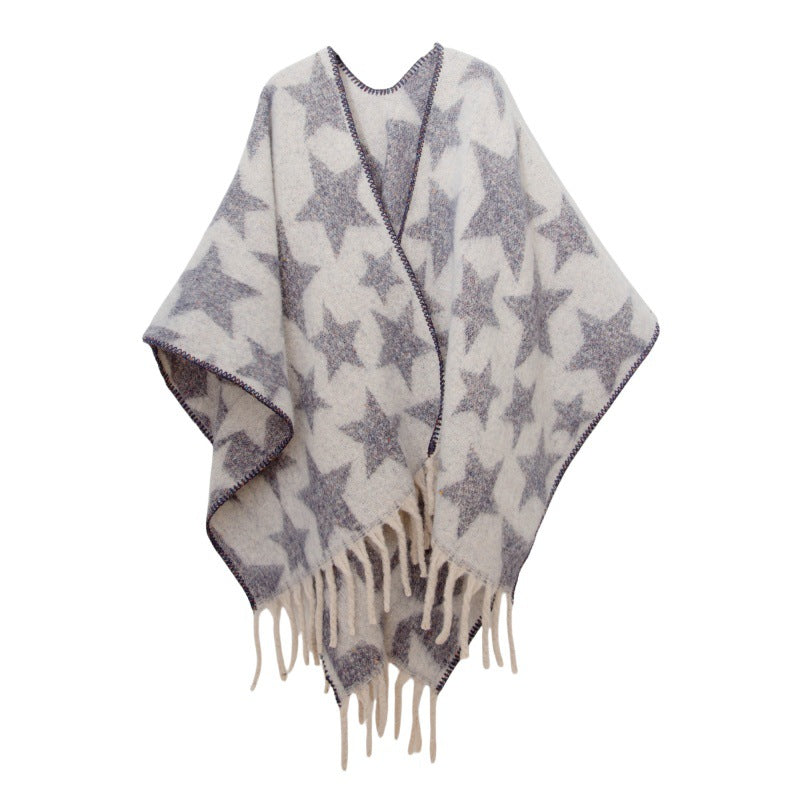 2025 new European and American autumn and winter imitation mohair double-sided thickened jacquard five-pointed star cross shawl