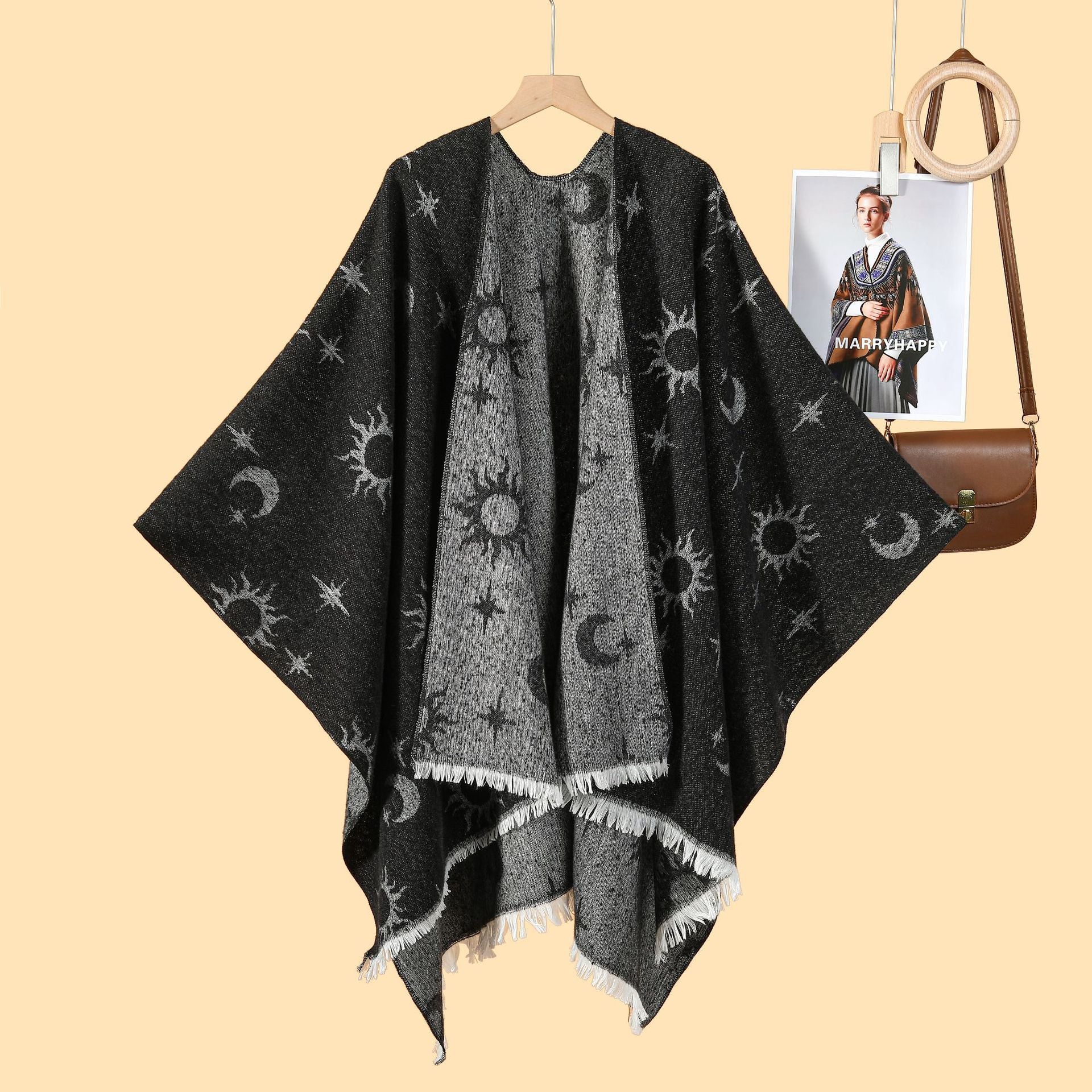 New European and American Women's Double-sided Fringed Jacquard Split Warm Shawl Cardigan Autumn and Winter Cape