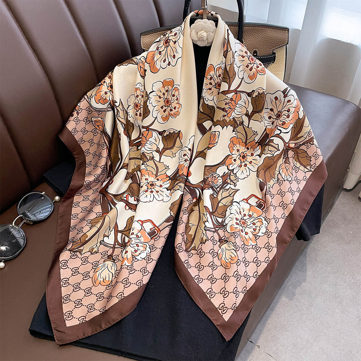 Spring and Autumn New Women's Twill 90 Square Scarf Fashion Flower Printing Multifunctional Versatile Shawl Scarf