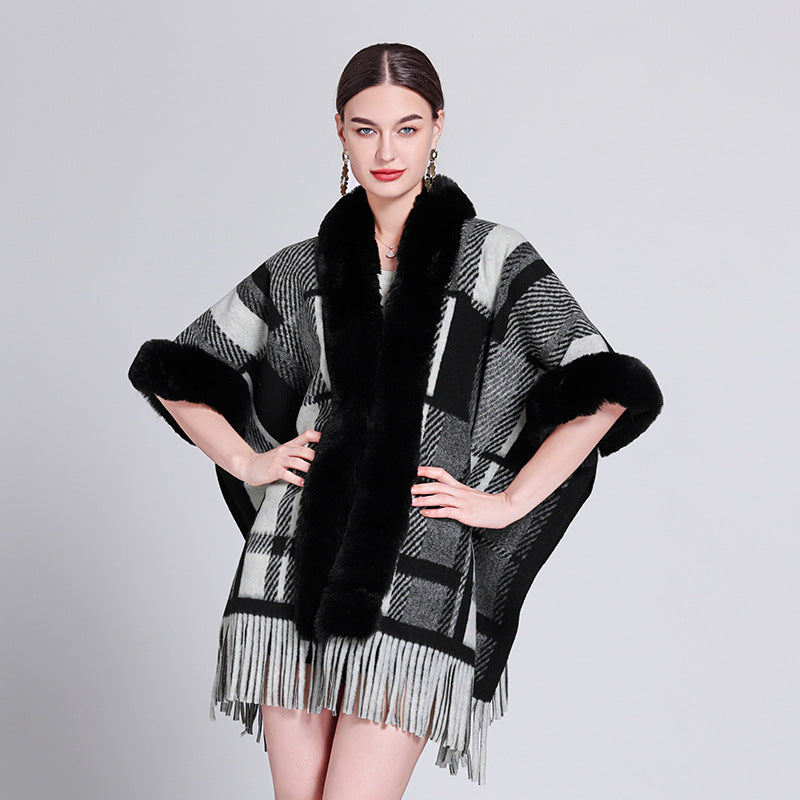 Autumn and winter shawl versatile fur collar fringed plaid cardigan shawl cape with woolen coat female 1224 #