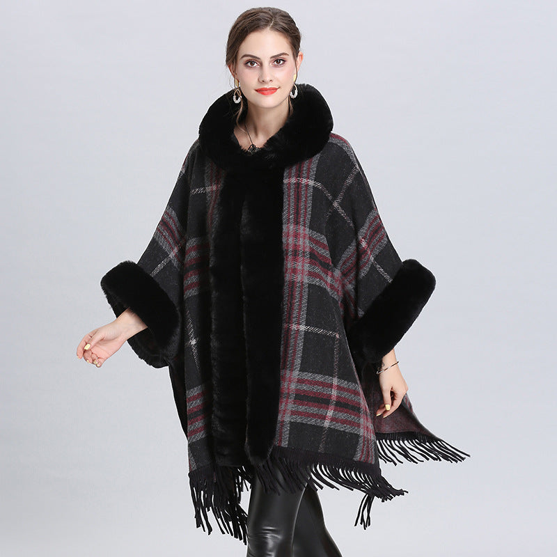 European and American autumn and winter new imitation fur collar hooded fringed knitted cardigan shawl cape jacket 0858 #