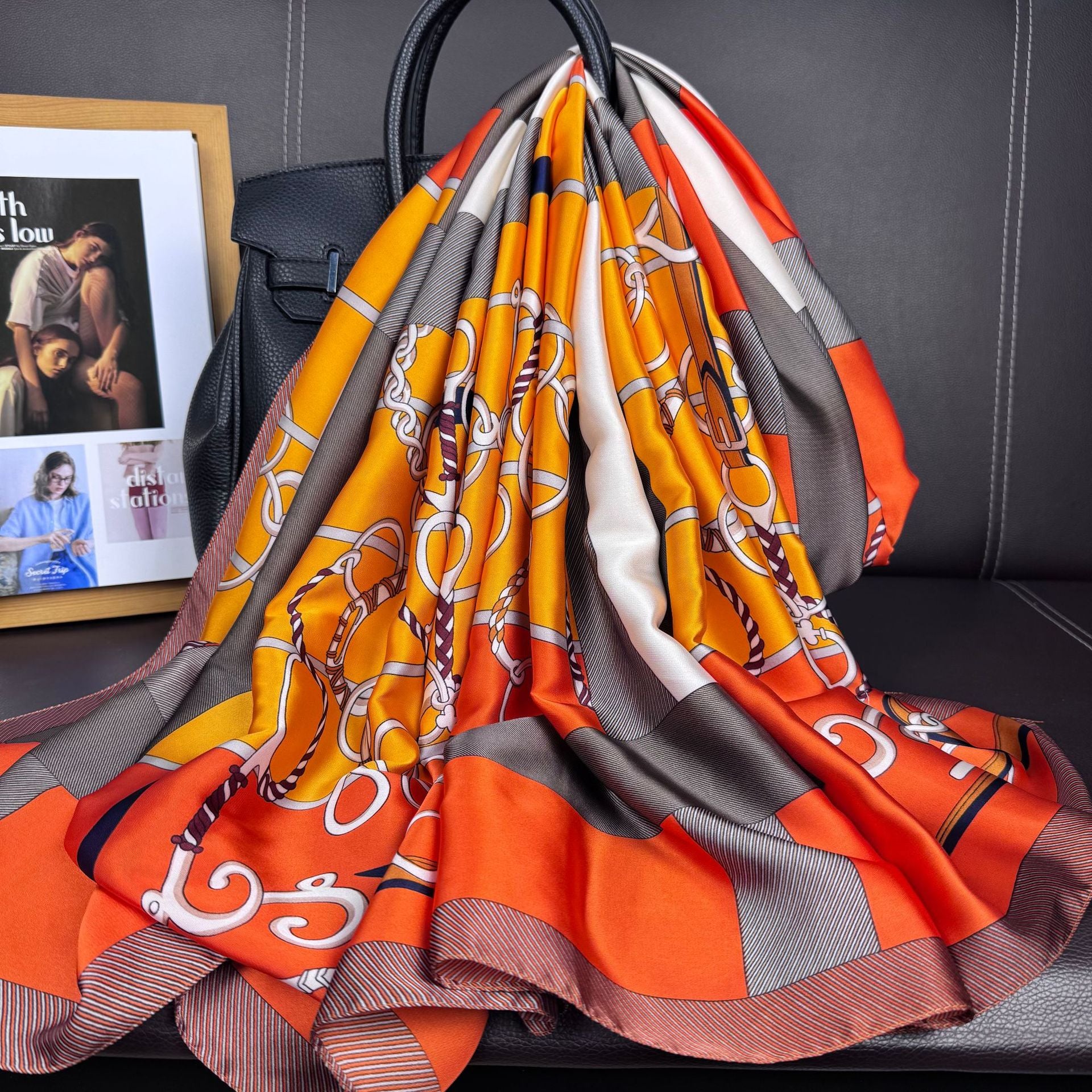 European and American fashion belt chain printed beautiful brocade long silk scarf, Korean version geometric color matching temperament women's vacation shawl