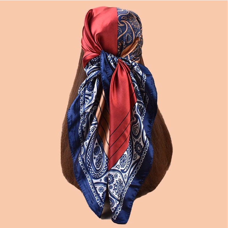 2025 new 90-satin color matching cashew nut flower printing square scarf with sunscreen, bag head silk scarf decoration, scarf
