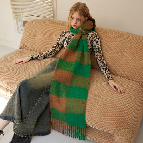 20% Wool Oversized Plaid Scarf Women – Retro Korean Warm Wrap