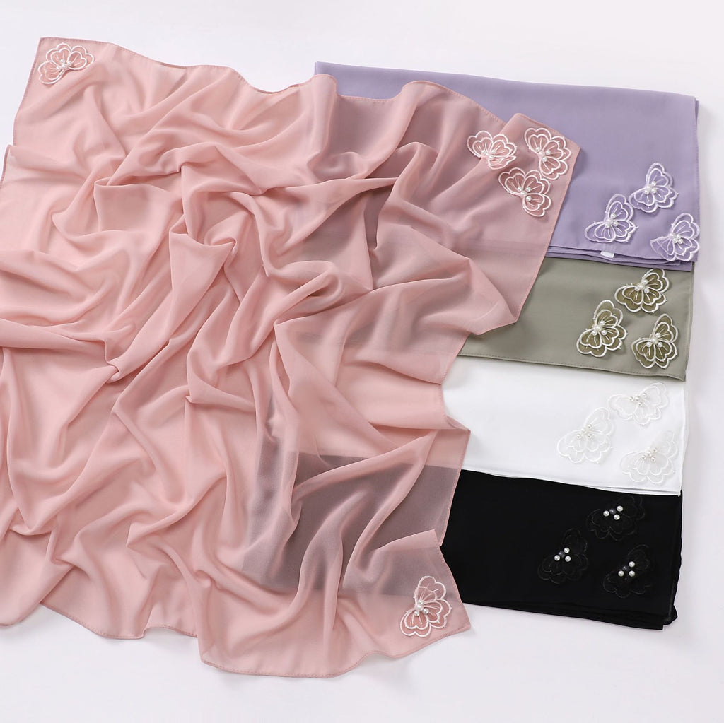 Four-corner butterfly bead pearl chiffon square scarf 90 * 90cm gauze sweet headscarf