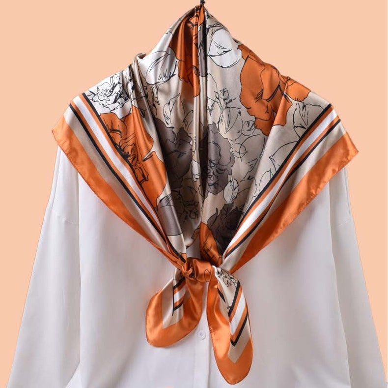 Spring and summer temperament big flower printing versatile decorative scarf headscarf silk scarf 90 high-quality satin large square scarf