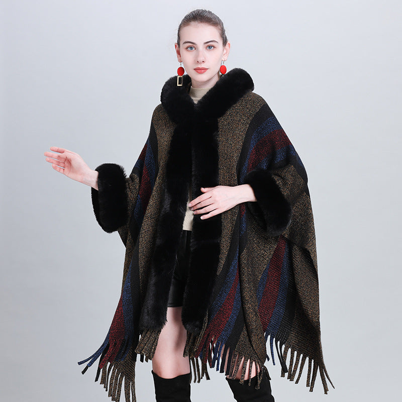 European and Korean autumn and winter new cape shawl, colorful striped fur collar hooded fringed knitted cardigan shawl cape 0983 #
