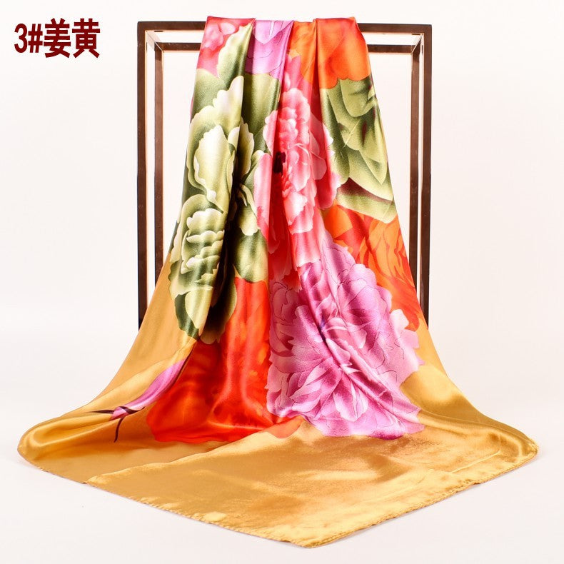 Fashion Spring and Autumn New Simple Small Fresh Peony Satin 90 * 90 Women, Silk Scarf Scarf Shawl