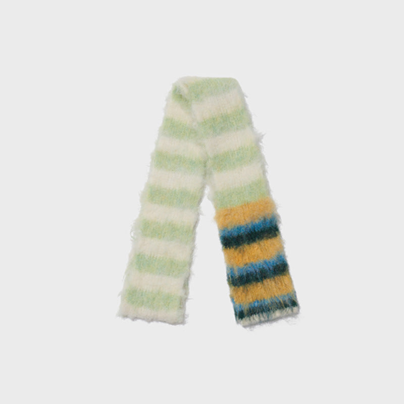 Korean designer order contrasting color striped knitted scarf women's autumn and winter niche fine narrow soft waxy wool scarf