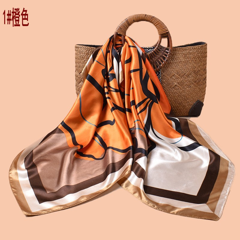 Spring and summer geometric sketch rose print versatile decorative scarf headscarf silk scarf 90cm high-quality satin square scarf