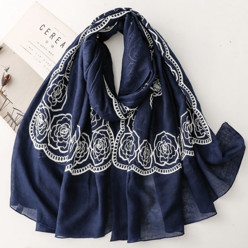 Solid color ethnic style embroidery embroidered scarf rose silk scarf travel shawl