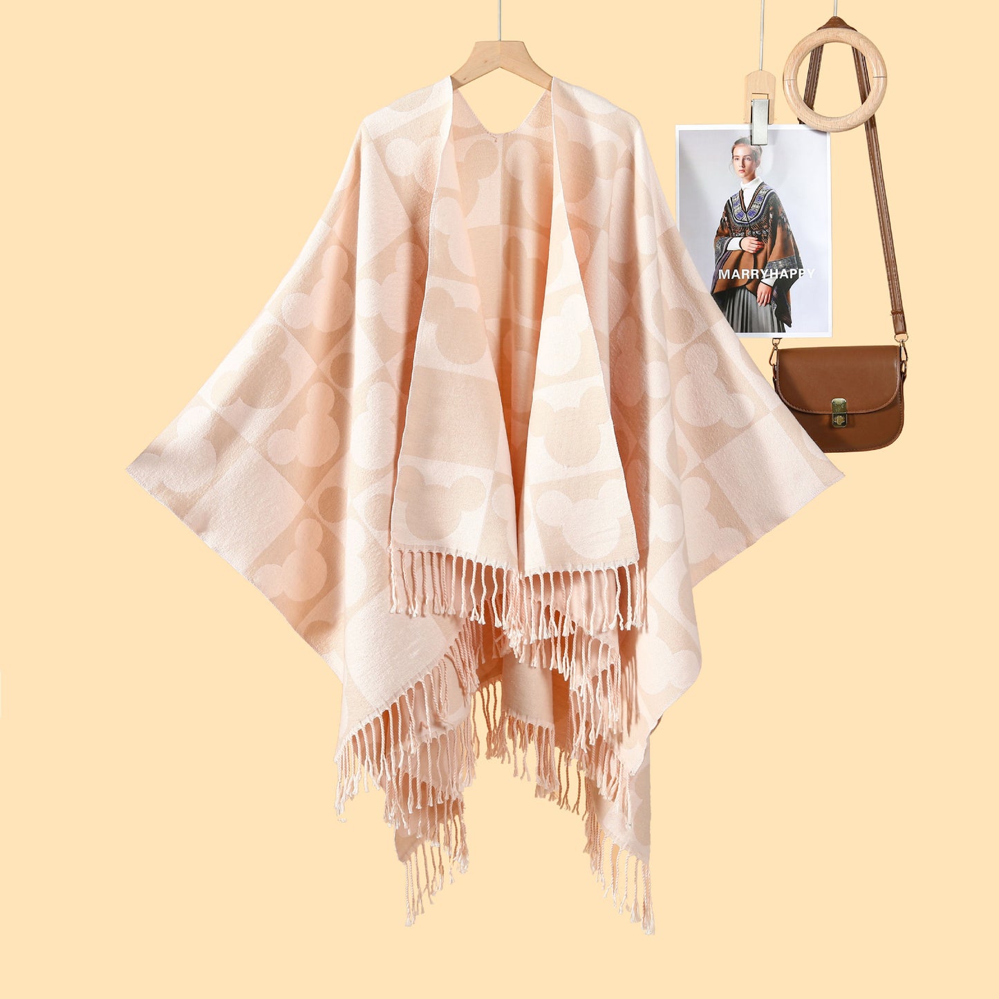 New tassel cartoon picture split shawl women's European and American fashion big-name catwalk cape hot-selling