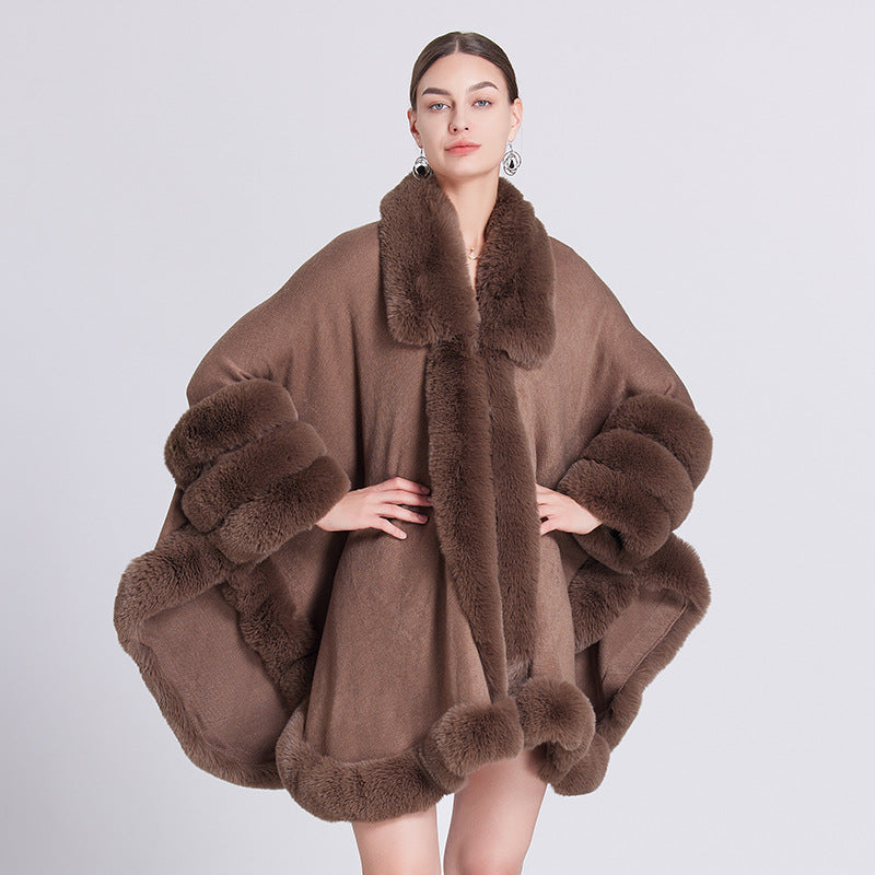 European and American autumn and winter new knitted fur collar loose cape shawl cape with medium and long imitation fur coat women