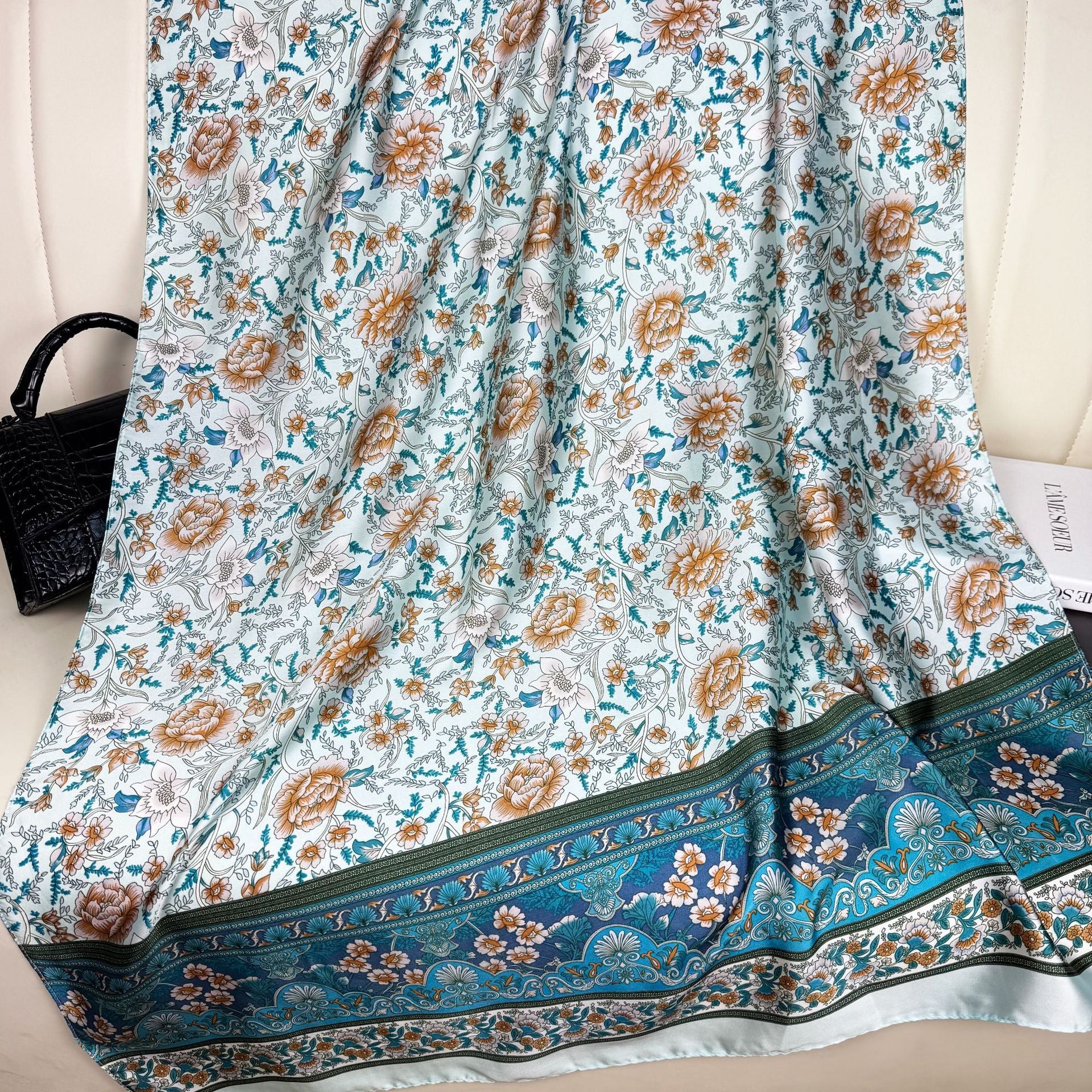 Foreign style fashionable long silk scarf women's scarf, spring, summer and autumn flower print travel vacation sun protection versatile shawl