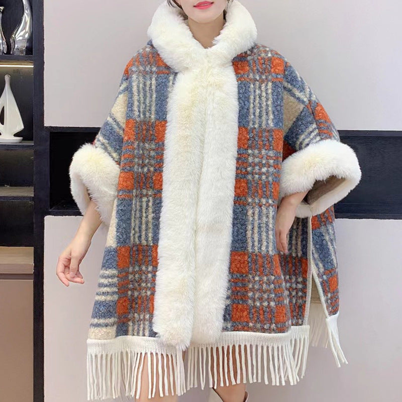 Europe, America, autumn and winter new woolen coat fur collar hooded plush thickened warm fashion fringed cape shawl outside