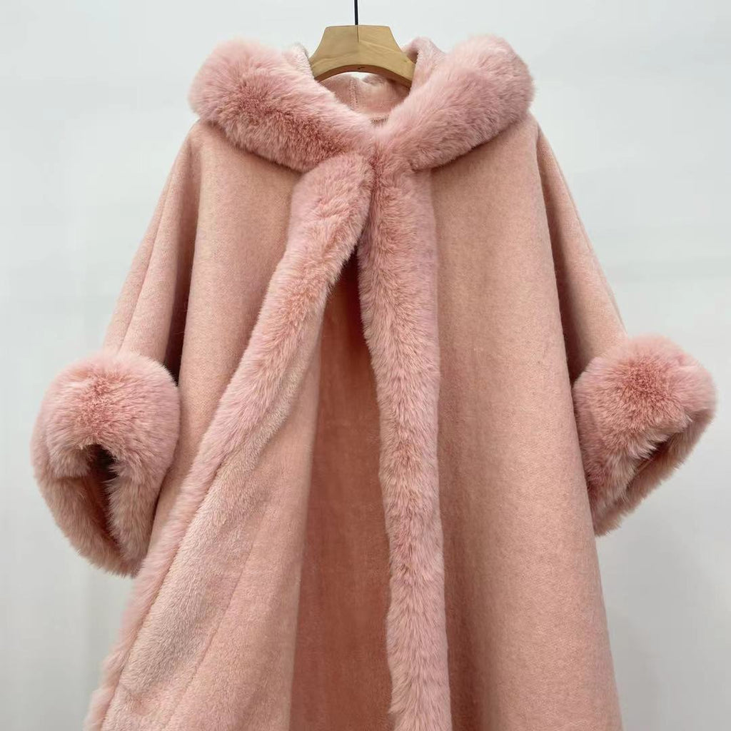 Autumn and winter new velvet thickened fur collar hooded fringed knitted woolen cape jacket 0878 #