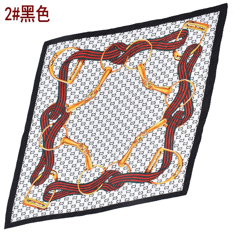 New French chain ring pattern printed pleated 90-color large square towel, head towel simulation silk