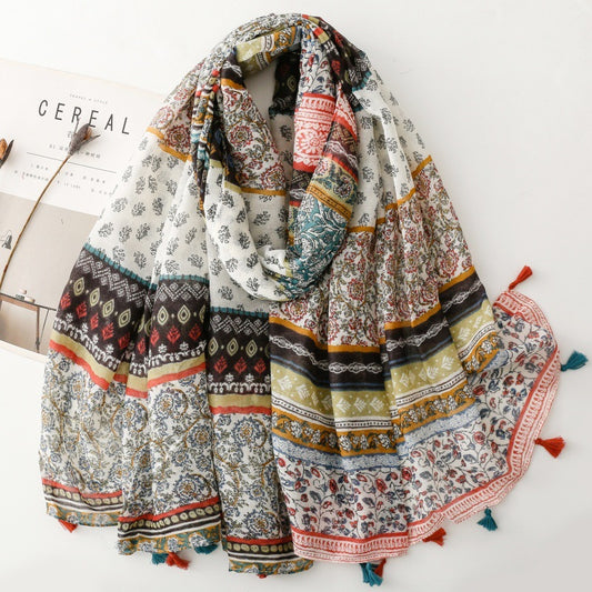 Cotton and linen feel scarf small fresh resort style geometric bohemian fringed silk scarf shawl