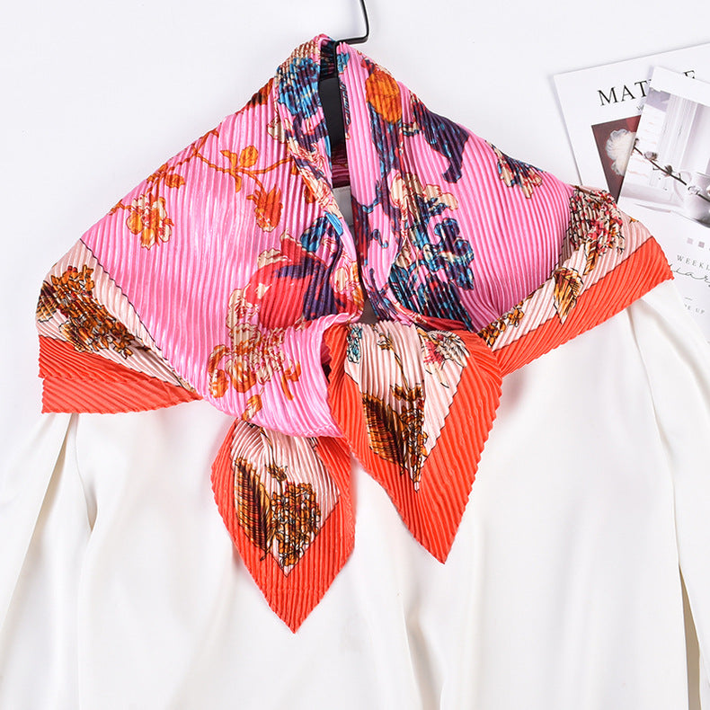 Summer new fashion retro flower pleated 90 satin large square scarf silk scarf imitation silk scarf