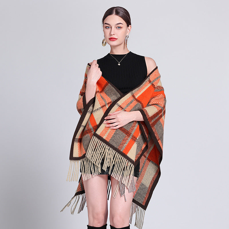 Autumn and winter Internet celebrities new plaid shawl with temperament fringed shawl cape cape retro scarf coat women