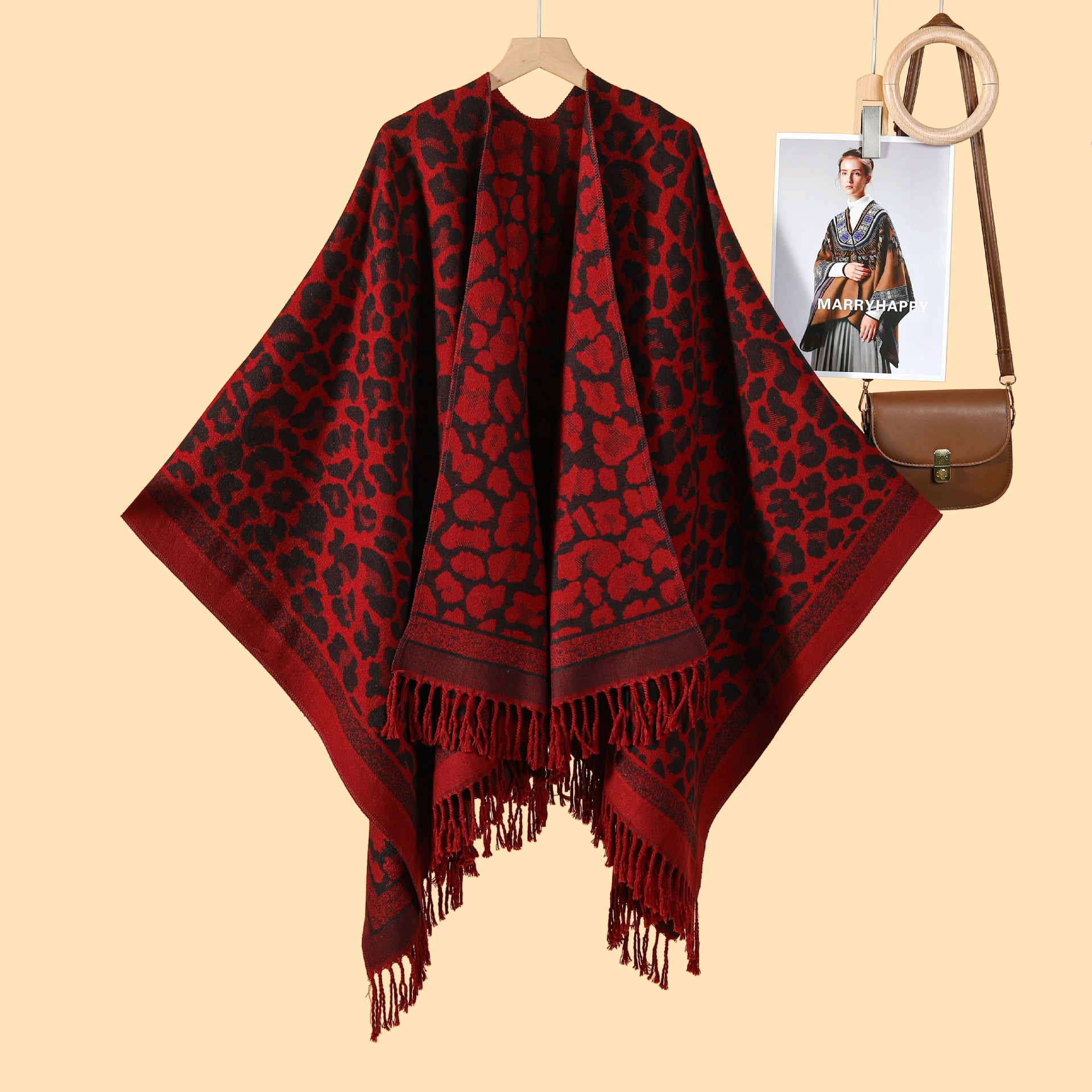 European and American fashion classic leopard print fringed split shawl new women's street popular imitation cashmere cardigan