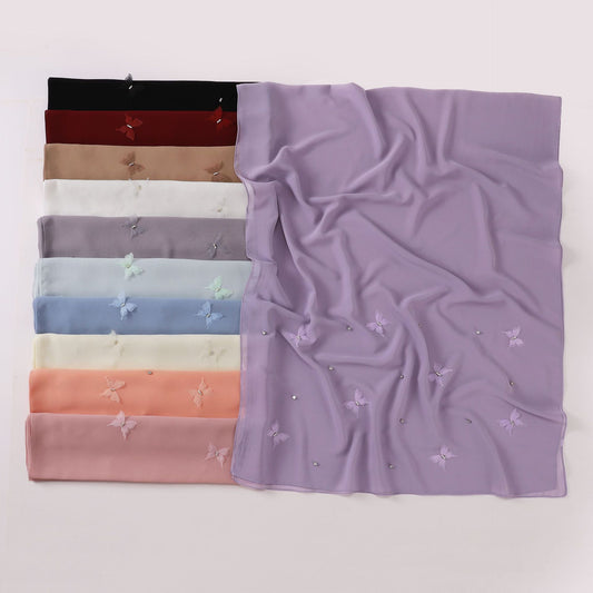 Pearl chiffon point drill butterfly nail drill long towel beautiful yarn Middle East Saudi Africa headscarf