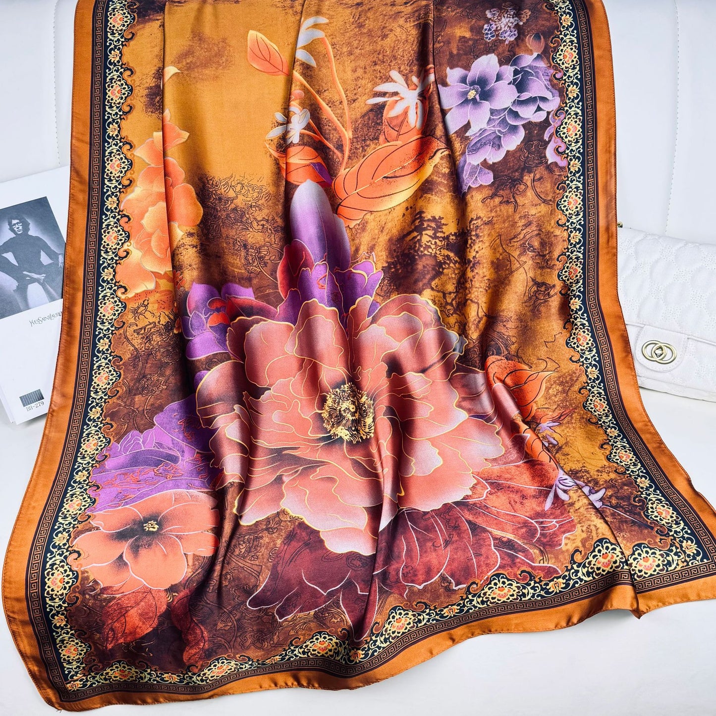 Literary retro flower beautiful brocade long silk scarf, elegant temperament mother lady decorative shawl scarf