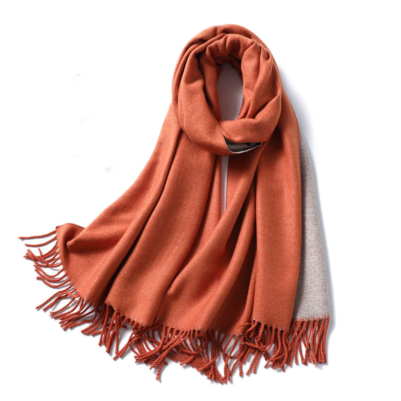Simple solid color imitation cashmere scarf men's and women's winter thickened warm double-sided two-color versatile fringed shawl core-spun yarn
