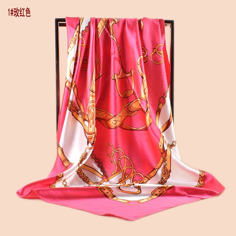 Spring new fashionable versatile large shawl simulation silk chain printed silk scarf head scarf 90cm-color square scarf