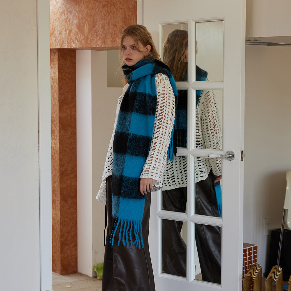 Korean designer model contains 20 wool retro large plaid scarf women's autumn and winter warm soft waxy atmosphere scarf