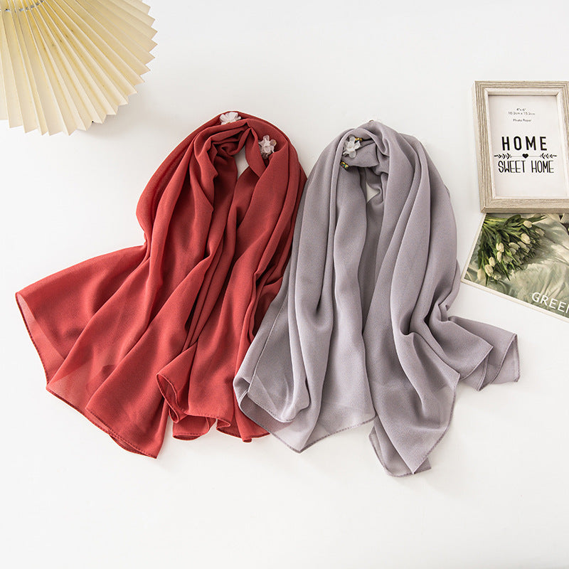 New Pearl Chiffon Three Resin Flower Scarf Headscarf Middle East and Africa 90CM Square Scarf