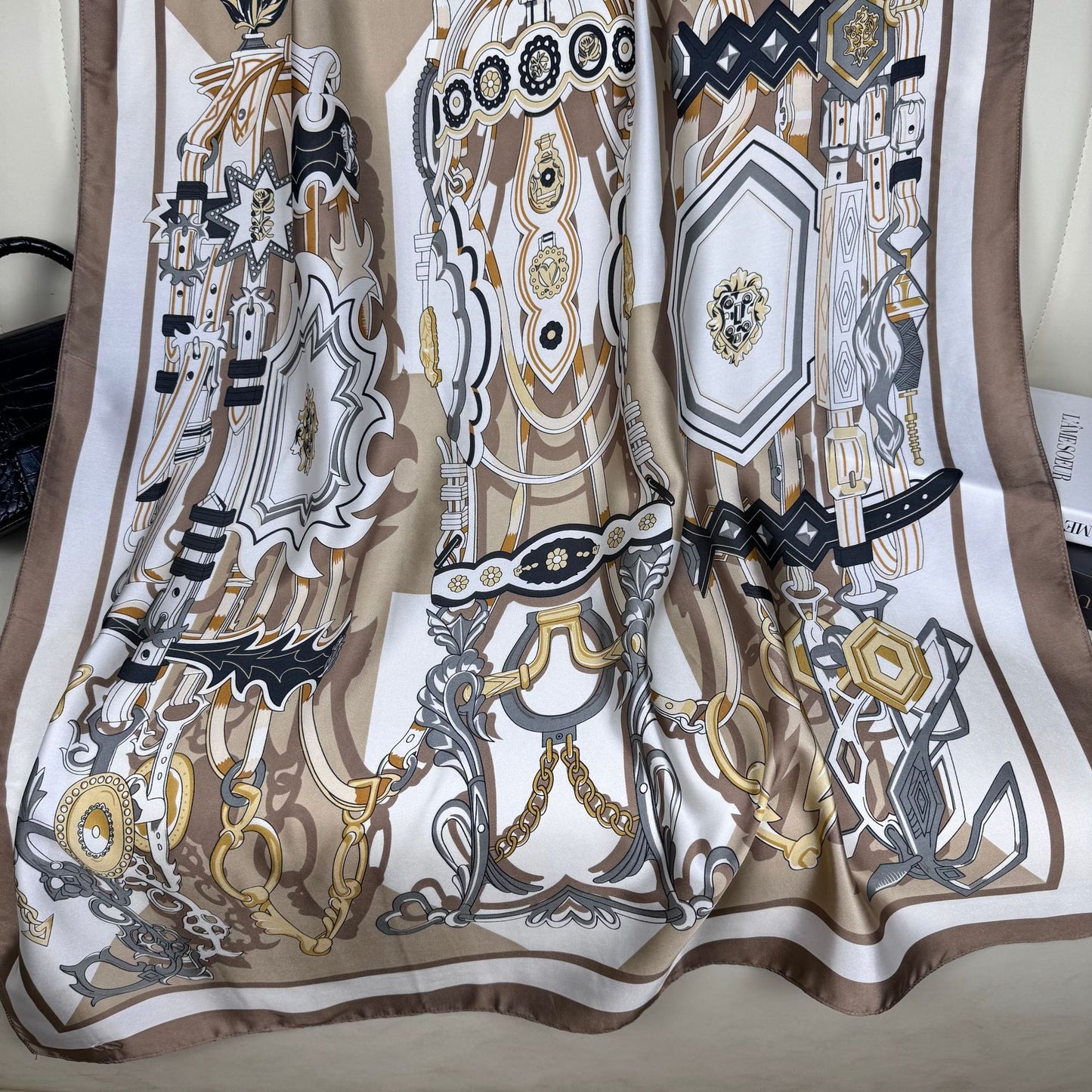 European and American fashion totem chain printed long silk scarf, elegant temperament women's vacation sunscreen thin shawl scarf